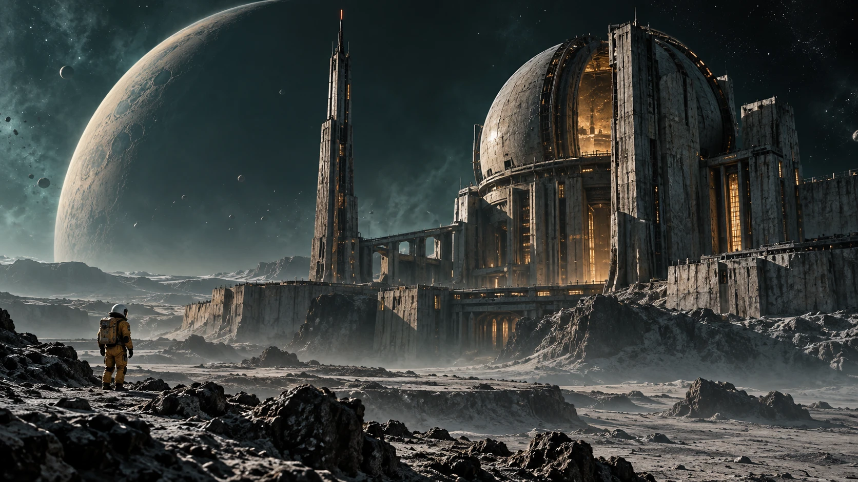 荒凉卫星上的星际档案观测站，一名旅人站在建筑前